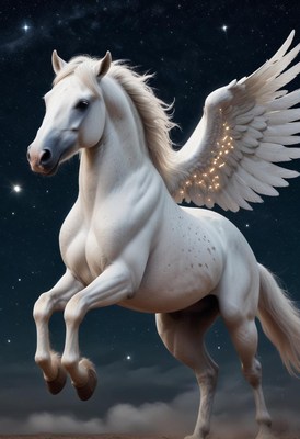 White winged horse leaping under night sky
