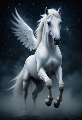White winged horse flying night