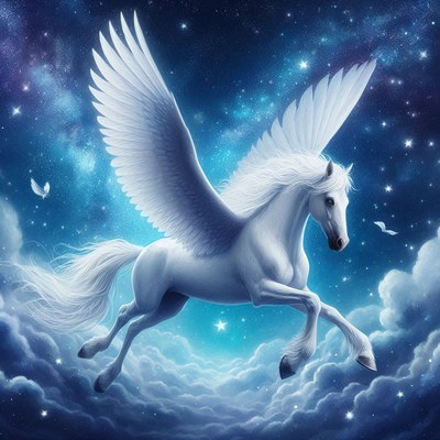 White pegasus flying through night sky