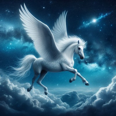 White pegasus soaring through night sky
