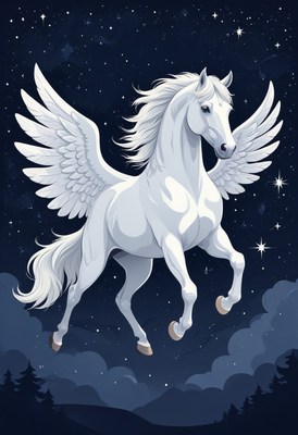 White pegasus flying through night sky