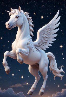 White winged unicorn under night sky