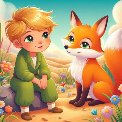 The little prince and fox in the desert