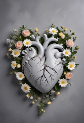 Anatomical heart surrounded by flowers