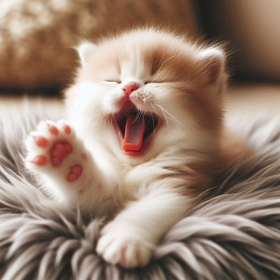Kitten yawning on furry blanket