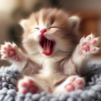 Kitten yawning in blanket
