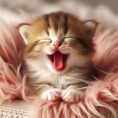 Kitten yawning on pink fur