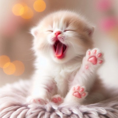 Kitten yawning on soft blanket