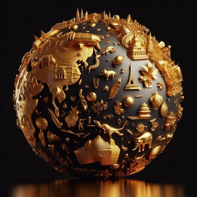 Golden globe with world landmarks