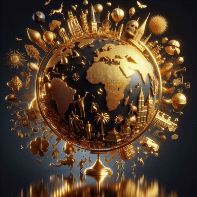 Golden globe with surrounding objects