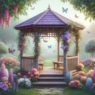 Purple gazebo in a spring garden
