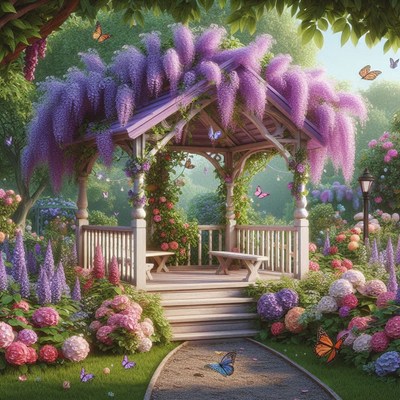 Wisteria covered gazebo in garden