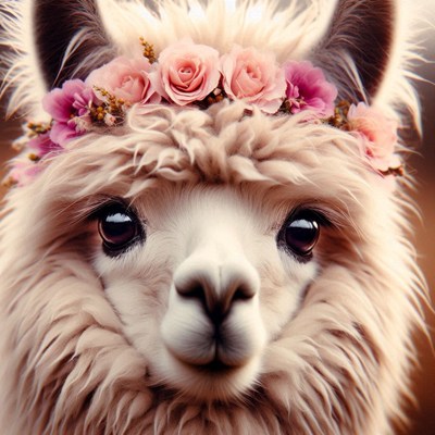 Fluffy alpaca wearing flower crown