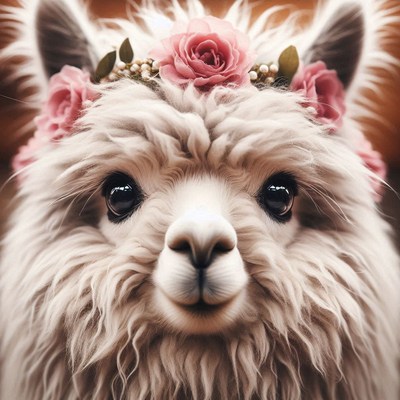 Fluffy alpaca wearing flowers