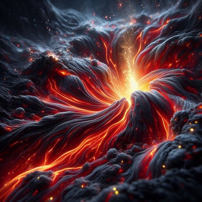 Molten lava eruption in volcano crater