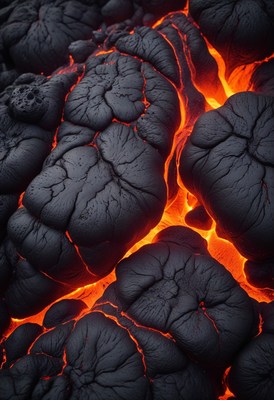 Molten lava flowing through cooled rock