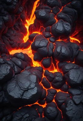 Molten lava flowing between rocks
