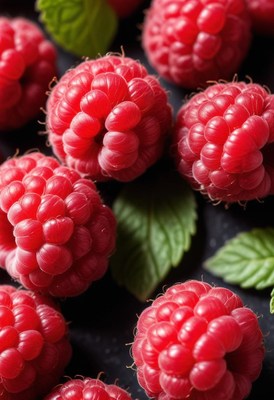 Close-up fresh raspberries with leaves