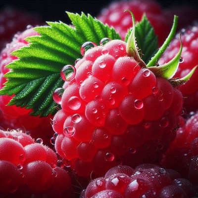 Dewy raspberries with green leaf