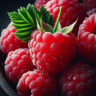 Fresh raspberries with dew drops