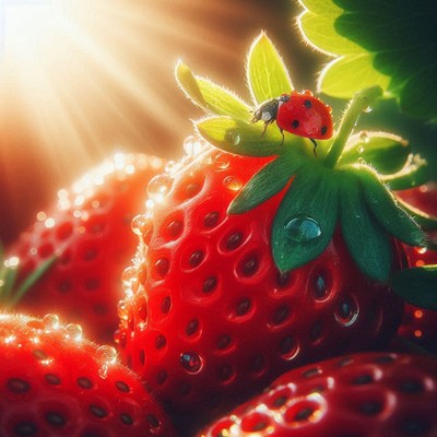 Ladybug on a strawberry in sunlight