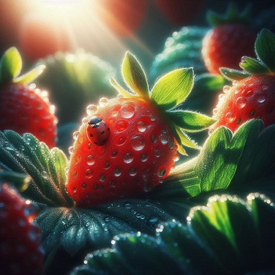 Strawberry and ladybug in dewy sunlight