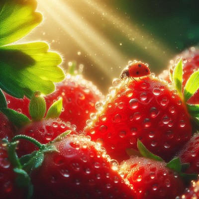 Ladybug on dewy strawberries