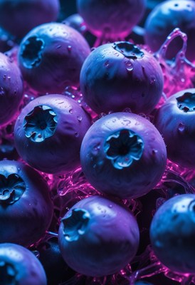 Blueberries under neon light