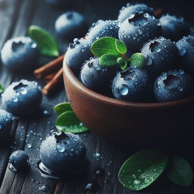 Fresh blueberries in a bowl on wooden table