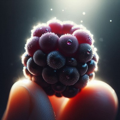 Close-up dewy blackberry held in hand