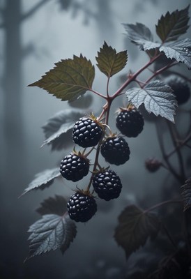 Ripe blackberries on branch in fog