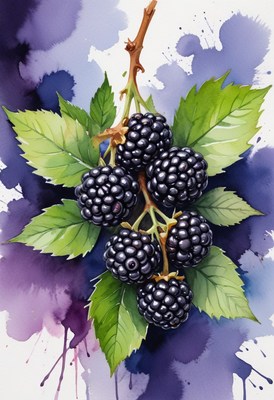 Watercolor painting of blackberries with leaves