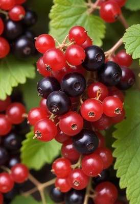 Red and black currants on a branch