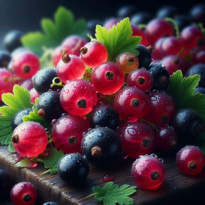 Red and black currants on wooden board