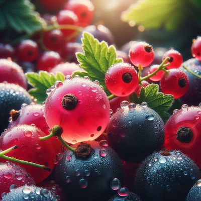 Red and black currants with dew