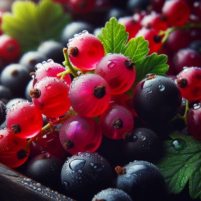 Red and black currants with dewdrops