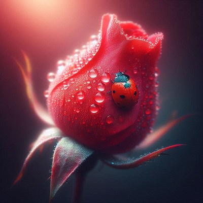 Ladybug on dewy rose bud