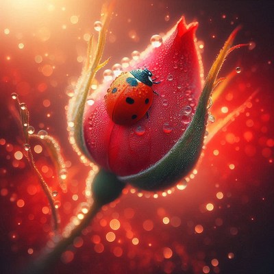 Ladybug on dewy rose bud