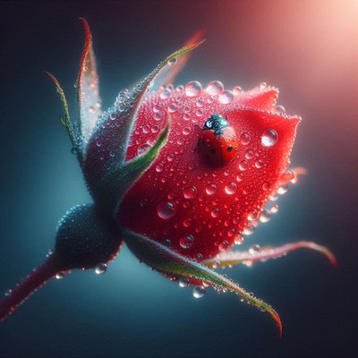 Dew-covered rose bud with ladybug