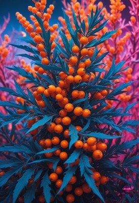Orange berries on blue leaves