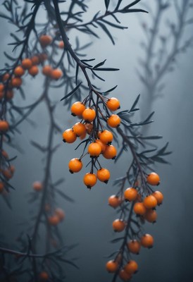 Orange berries in fog