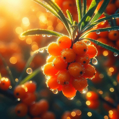 Dewy sea buckthorn berries in sunlight