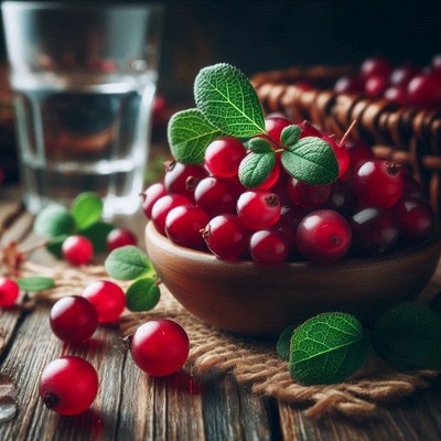 Fresh cranberries in bowl on wooden table