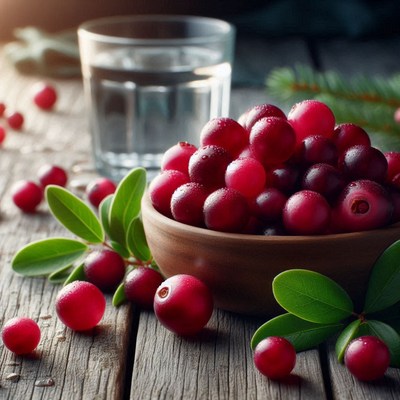 Cranberries in bowl on wooden table