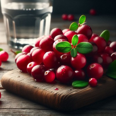 Fresh cranberries on wooden cutting board