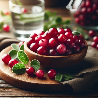 Cranberries in wooden bowl on table