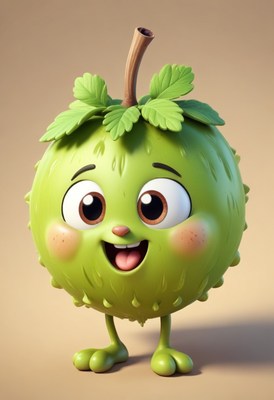 Green fruit character with big eyes
