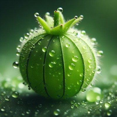 Green seed pod covered in dew