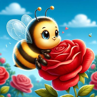 Cute bee on red rose
