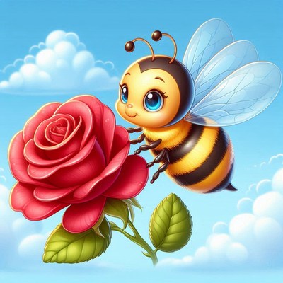 Cartoon bee near red rose